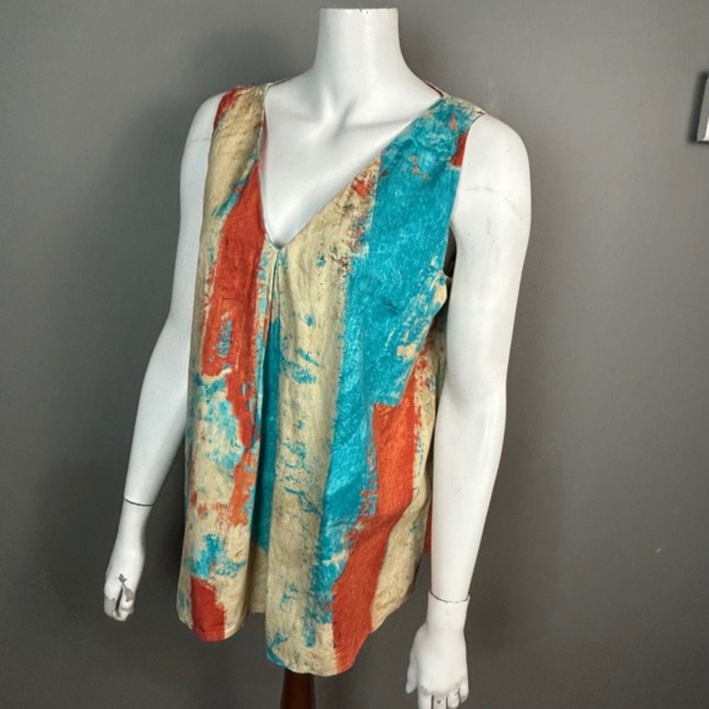 Lavia Top Size 16 Sleeveless Lagenlook Colorful Cotton Artsy‎ Blue Abstract